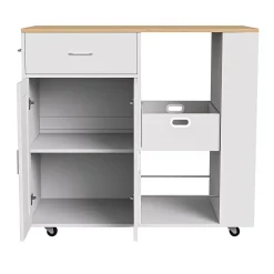 Îlot de cuisine mobile blanc avec plateau en chêne, Rangement modulable, tiroirs et étagères ouvertes, pratique et robuste