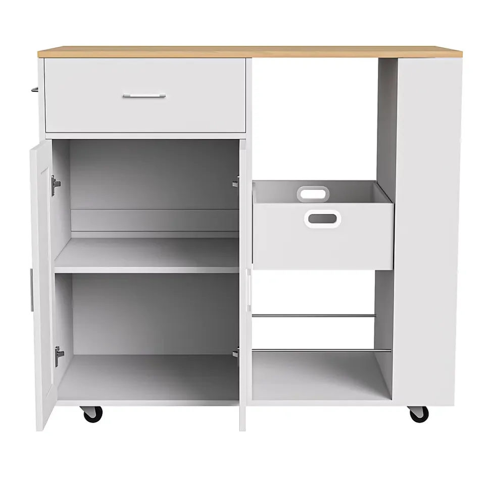 Îlot de cuisine mobile blanc avec plateau en chêne, Rangement modulable, tiroirs et étagères ouvertes, pratique et robuste
