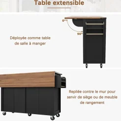 Îlot de Cuisine Mobile Multifonction avec Plan Extensible, 4 Portes, 2 Tiroirs, Grand Rangement, MDF et Métal, Noir, 140x72x93 cm