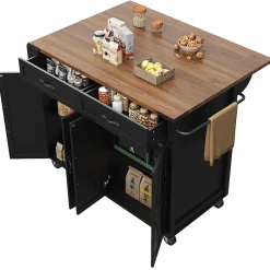 Îlot de Cuisine Mobile Multifonction avec Plan Extensible, 4 Portes, 2 Tiroirs, Grand Rangement, MDF et Métal, Noir, 140x72x93 cm