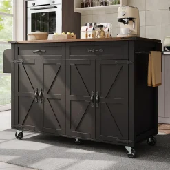 Îlot de Cuisine Mobile Multifonction avec Plan Extensible, 4 Portes, 2 Tiroirs, Grand Rangement, MDF et Métal, Noir, 140x72x93 cm