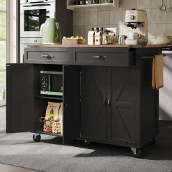 Îlot de Cuisine Mobile Multifonction avec Plan Extensible, 4 Portes, 2 Tiroirs, Grand Rangement, MDF et Métal, Noir, 140x72x93 cm