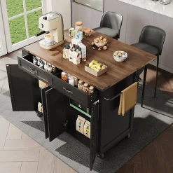 Îlot de Cuisine Mobile Multifonction avec Plan Extensible, 4 Portes, 2 Tiroirs, Grand Rangement, MDF et Métal, Noir, 140x72x93 cm
