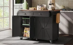 Îlot de Cuisine Mobile Multifonction avec Plan Extensible, 4 Portes, 2 Tiroirs, Grand Rangement, MDF et Métal, Noir, 140x72x93 cm