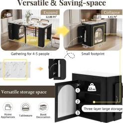 Îlot de Cuisine Mobile Multifonction avec Table Extensible, Rangement et Prise Électrique - MDF, Verre - Blanc/Noir - 150x80x77 cm