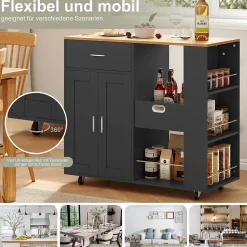 Îlot de cuisine mobile noir avec plateau en chêne, Rangement modulable, tiroirs et étagères ouvertes, pratique et robuste