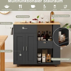 Îlot de cuisine mobile noir avec plateau en chêne, Rangement modulable, tiroirs et étagères ouvertes, pratique et robuste