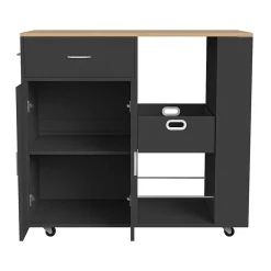 Îlot de cuisine mobile noir avec plateau en chêne, Rangement modulable, tiroirs et étagères ouvertes, pratique et robuste