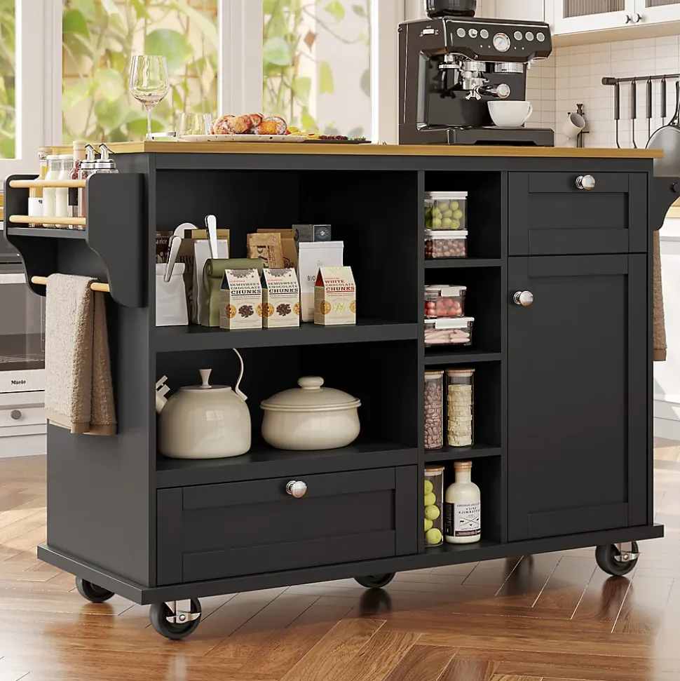 Îlot de Cuisine moderne 1 portes 2 tiroirs et Étagères, meuble rangement bas pour salon ou salle à manger, MDF, 129x46x92 cm, Noir