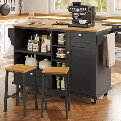 Îlot de Cuisine moderne 1 portes 2 tiroirs et Étagères, meuble rangement bas pour salon ou salle à manger, MDF, 129x46x92 cm, Noir