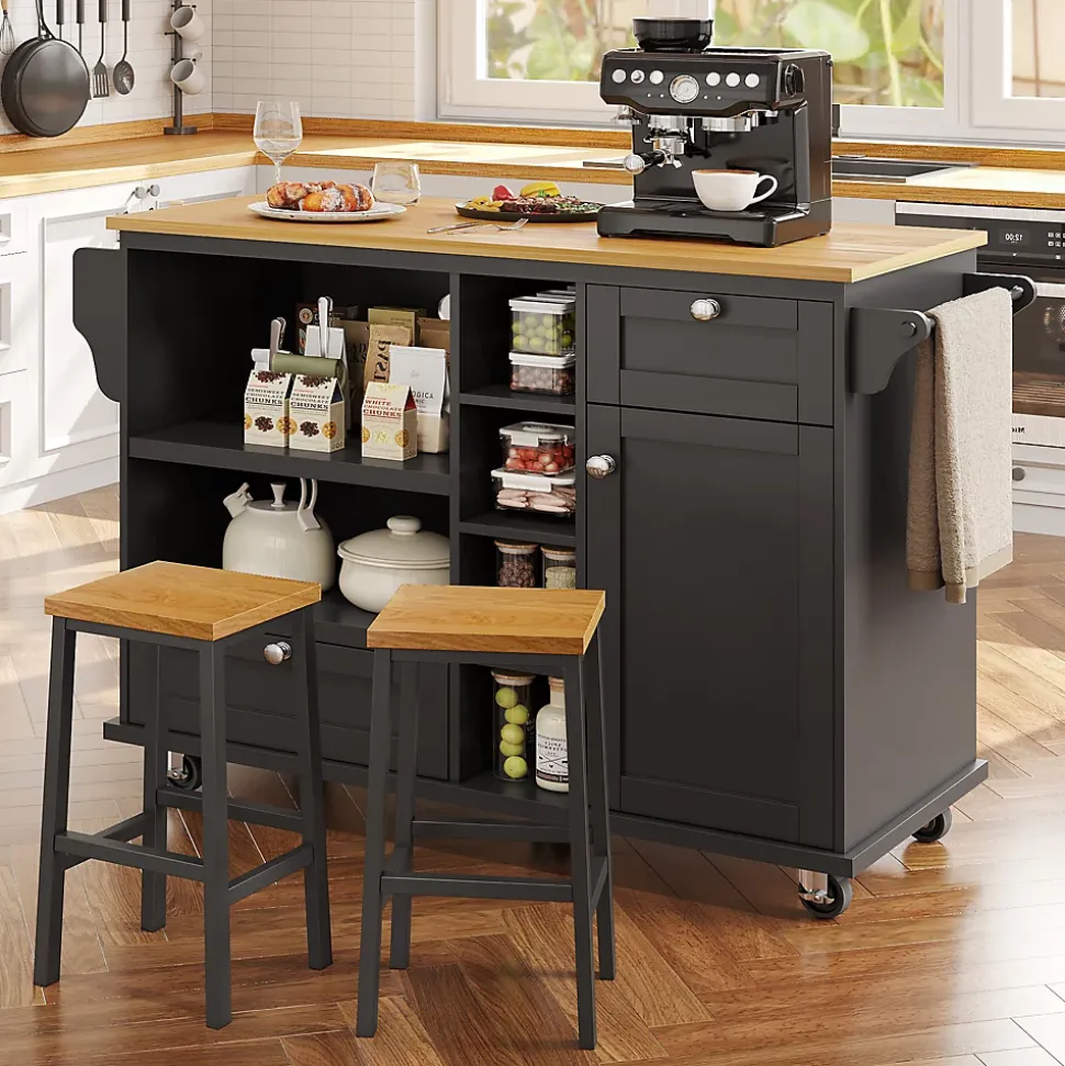 Îlot de Cuisine moderne 1 portes 2 tiroirs et Étagères, meuble rangement bas pour salon ou salle à manger, MDF, 129x46x92 cm, Noir