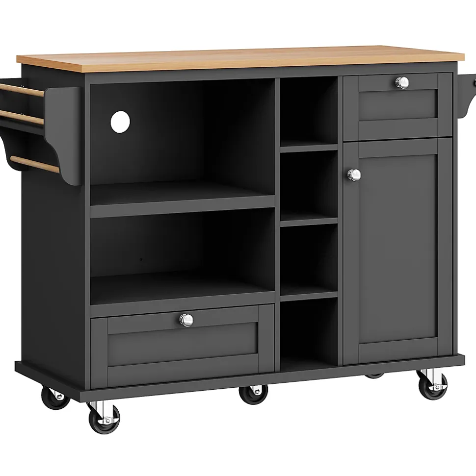 Îlot de Cuisine moderne 1 portes 2 tiroirs et Étagères, meuble rangement bas pour salon ou salle à manger, MDF, 129x46x92 cm, Noir