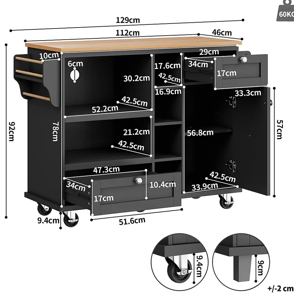 Îlot de Cuisine moderne 1 portes 2 tiroirs et Étagères, meuble rangement bas pour salon ou salle à manger, MDF, 129x46x92 cm, Noir