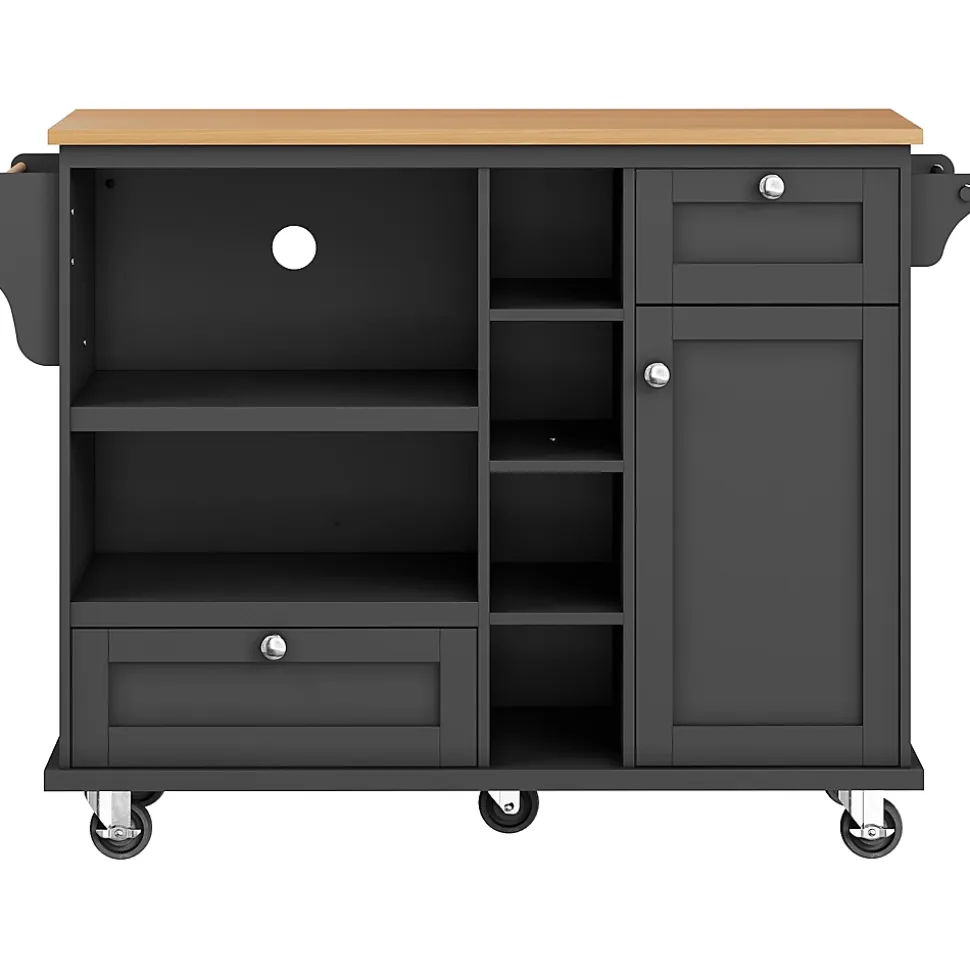 Îlot de Cuisine moderne 1 portes 2 tiroirs et Étagères, meuble rangement bas pour salon ou salle à manger, MDF, 129x46x92 cm, Noir