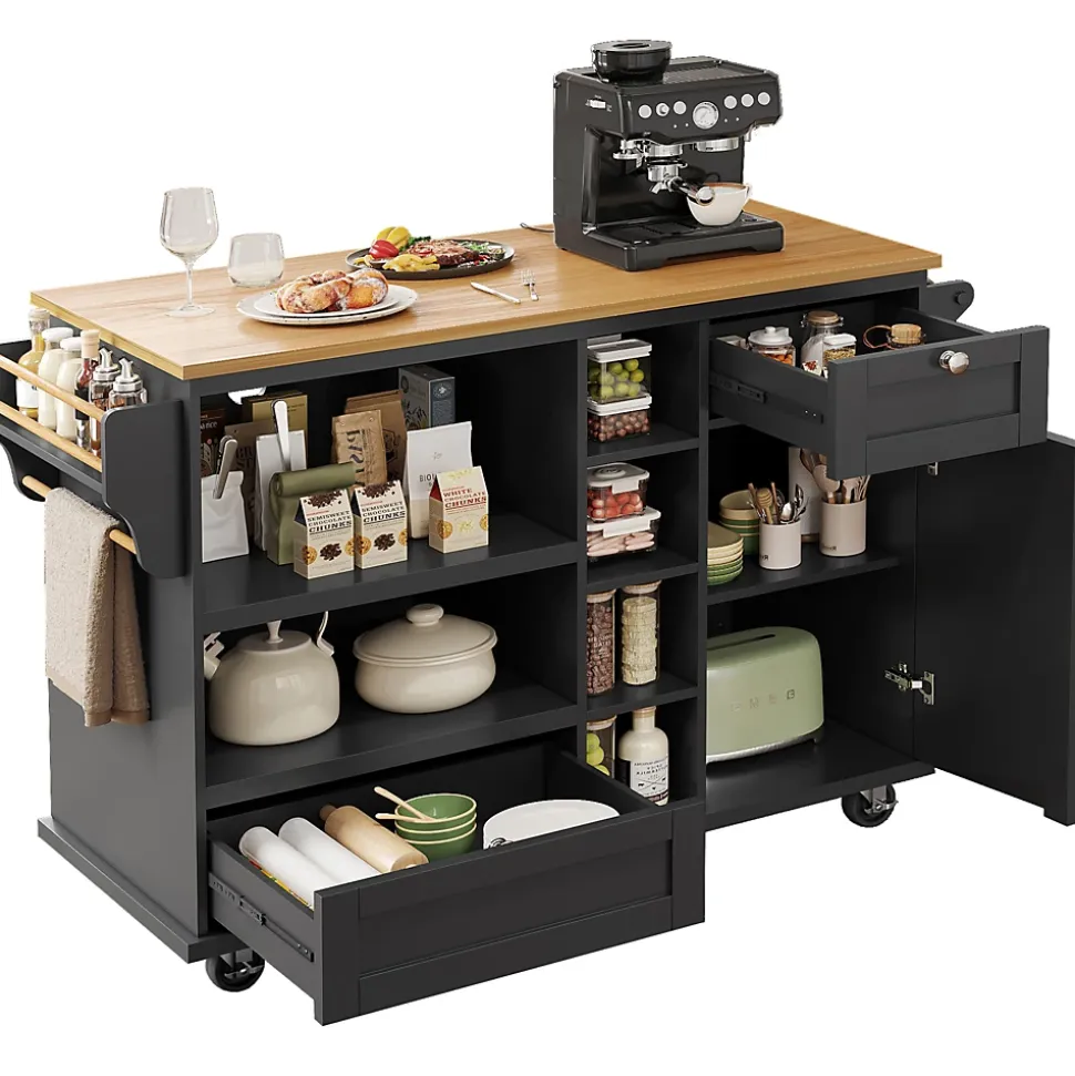 Îlot de Cuisine moderne 1 portes 2 tiroirs et Étagères, meuble rangement bas pour salon ou salle à manger, MDF, 129x46x92 cm, Noir