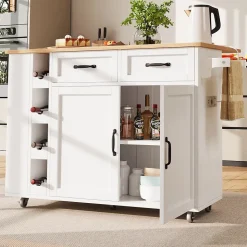 Îlot de cuisine moderne, 131,5 x 76 x 90,7 cm, plan de travail rabattable, desserte avec portes et tiroirs, placards, blanc