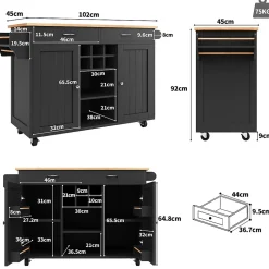 Îlot de Cuisine Moderne avec Rangements et Étagères - Desserte Multifonction en métal et MDF, 102 x 45 x 92 cm, Noir