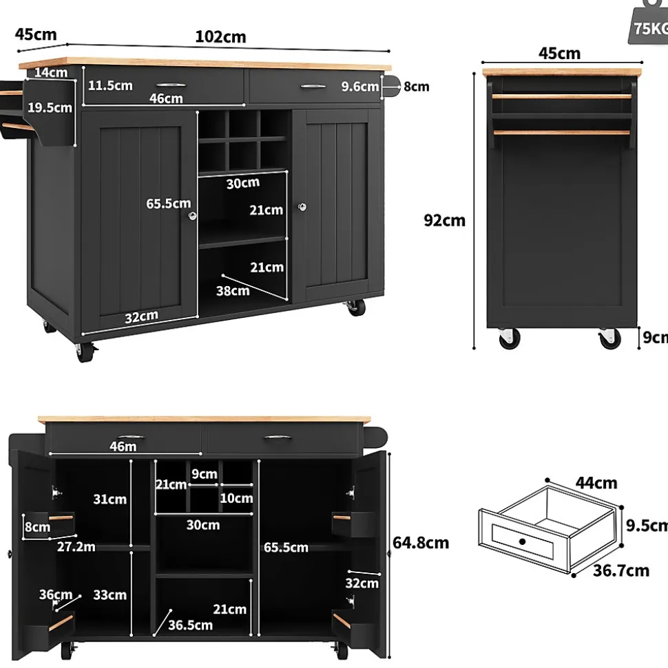 Îlot de Cuisine Moderne avec Rangements et Étagères - Desserte Multifonction en métal et MDF, 102 x 45 x 92 cm, Noir
