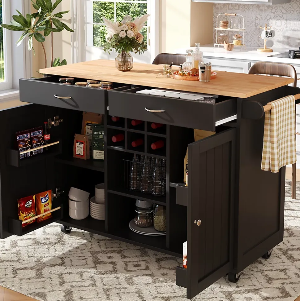 Îlot de Cuisine Moderne avec Rangements et Étagères - Desserte Multifonction en métal et MDF, 102 x 45 x 92 cm, Noir