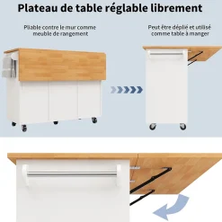 Îlot de cuisine moderne, 122x74,5x91,5 cm, avec plan de travail rabattable, chariot de cuisine à roulettes, 8 tiroirs, blanc