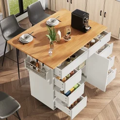 Îlot de cuisine moderne, 122x74,5x91,5 cm, avec plan de travail rabattable, chariot de cuisine à roulettes, 8 tiroirs, blanc
