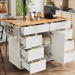 Îlot de cuisine moderne, 122x74,5x91,5 cm, avec plan de travail rabattable, chariot de cuisine à roulettes, 8 tiroirs, blanc