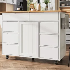 Îlot de cuisine moderne, 122x74,5x91,5 cm, avec plan de travail rabattable, chariot de cuisine à roulettes, 8 tiroirs, blanc