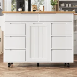 Îlot de cuisine moderne, 122x74,5x91,5 cm, avec plan de travail rabattable, chariot de cuisine à roulettes, 8 tiroirs, blanc