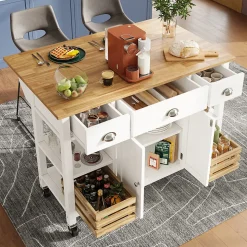 Îlot de cuisine moderne 120x73x90 cm, avec tiroirs et portes d'armoire, comprenant des paniers de rangement en pin, blanc