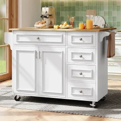 Îlot de cuisine moderne 130x75x92 cm, avec cinq tiroirs, deux portes, porte-serviettes, porte-épices et buffet, blanc