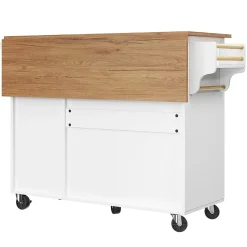 Îlot de cuisine moderne 130x75x92 cm, avec cinq tiroirs, deux portes, porte-serviettes, porte-épices et buffet, blanc