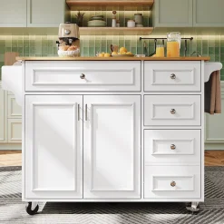 Îlot de cuisine moderne 130x75x92 cm, avec cinq tiroirs, deux portes, porte-serviettes, porte-épices et buffet, blanc