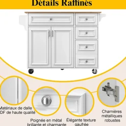 Îlot de cuisine moderne 130x75x92 cm, avec cinq tiroirs, deux portes, porte-serviettes, porte-épices et buffet, blanc