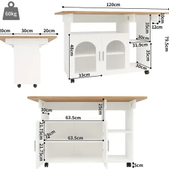 Îlot de cuisine moderne, 120x70x79,5 cm, avec plan de travail rabattable, placards de rangement, desserte et buffet, blanc