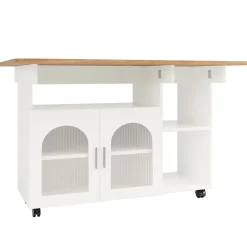 Îlot de cuisine moderne, 120x70x79,5 cm, avec plan de travail rabattable, placards de rangement, desserte et buffet, blanc