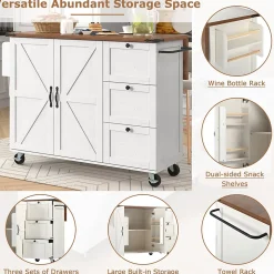 Îlot de cuisine moderne 140x73x92,5cm,chariot de cuisine,plan de travail pliable,desserte avec portes et tiroirs,placards,blanc