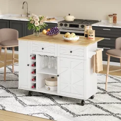 Îlot de Cuisine Multifonction avec Plateau Pliable, Porte-Bouteilles et Porte-Verres, 5 Roulettes, Blanc, 120x45(70)x89 cm
