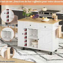 Îlot de Cuisine Multifonction avec Plateau Pliable, Porte-Bouteilles et Porte-Verres, 5 Roulettes, Blanc, 120x45(70)x89 cm