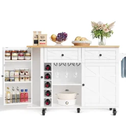 Îlot de Cuisine Multifonction avec Plateau Pliable, Porte-Bouteilles et Porte-Verres, 5 Roulettes, Blanc, 120x45(70)x89 cm