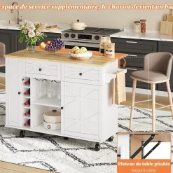 Îlot de Cuisine Multifonction avec Plateau Pliable, Porte-Bouteilles et Porte-Verres, 5 Roulettes, Blanc, 120x45(70)x89 cm