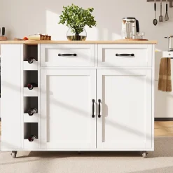 Îlot de Cuisine Multifonction avec Rangement, Prise et Porte-Bouteilles - Meuble Mobile en MDF et Métal - Blanc 131,5x76x90,7 cm