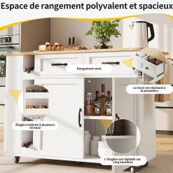 Îlot de Cuisine Multifonction avec Rangement, Prise et Porte-Bouteilles - Meuble Mobile en MDF et Métal - Blanc 131,5x76x90,7 cm