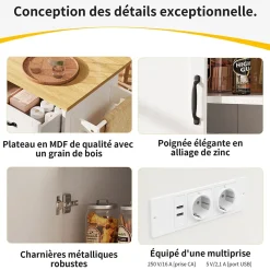 Îlot de Cuisine Multifonction avec Rangement, Prise et Porte-Bouteilles - Meuble Mobile en MDF et Métal - Blanc 131,5x76x90,7 cm