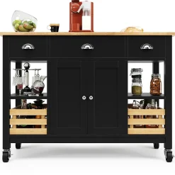 Îlot de Cuisine Multifonction avec Paniers en Pin et Rangement, Buffet Effet Bois en MDF et Métal, Noir + Naturel, 120x45x90 cm