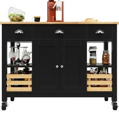 Îlot de Cuisine Multifonction avec Paniers en Pin et Rangement, Buffet Effet Bois en MDF et Métal, Noir + Naturel, 120x45x90 cm