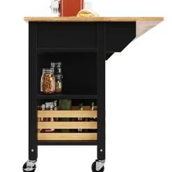 Îlot de Cuisine Multifonction avec Paniers en Pin et Rangement, Buffet Effet Bois en MDF et Métal, Noir + Naturel, 120x45x90 cm