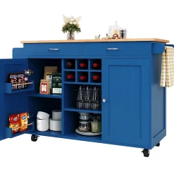 Îlot de Cuisine Multifonction avec Plan de Travail et Rangement, Buffet Design en MDF et Métal, Bleu, 102x45x92 cm