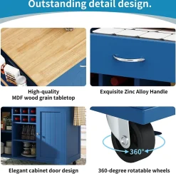 Îlot de Cuisine Multifonction avec Plan de Travail et Rangement, Buffet Design en MDF et Métal, Bleu, 102x45x92 cm