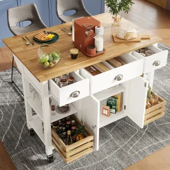 Îlot de Cuisine Multifonction avec Paniers en Pin et Rangement, Buffet Effet Bois en MDF et Métal, Blanc + Naturel, 120x45x90 cm