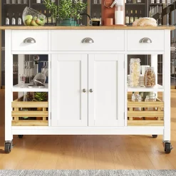 Îlot de Cuisine Multifonction avec Paniers en Pin et Rangement, Buffet Effet Bois en MDF et Métal, Blanc + Naturel, 120x45x90 cm